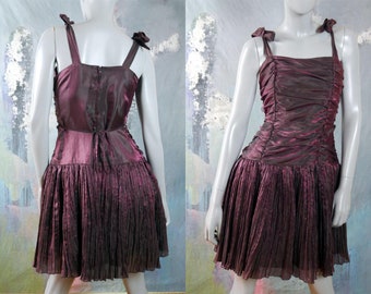 Vintage Prom Dress, Merlot Purple French Satin Sleeveless Formal Evening Dress w Goddess & Crumpled Accordion Pleating: 6 US, Size 10 UK