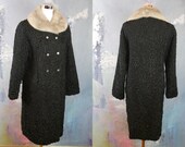 1960s Black Karakul Persian Lamb Fur Coat with Silver Mink Collar, European Vintage Astrakhan Double-Breasted Winter Coat Size 12 US, 16 UK