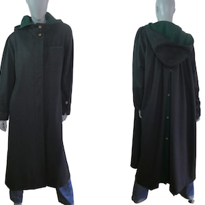 Long Gray Wool Coat with Hood, 90s European Vintage Winter Overcoat, Size Large, 12 to 14 USA, 16 to 18 UK