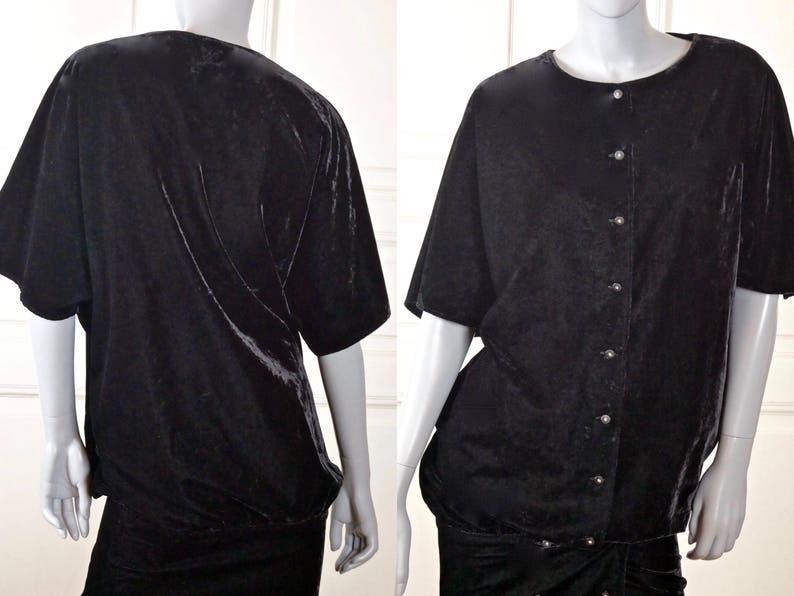 Diamante Buttons Cocktail Dress: Size 6 US 1980s Short-Sleeve Crushed Velvet Dress w Dropped Waistline Vintage Black Velvet Dress 10 UK