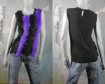 Marabou Feather Sleeveless Top, 1990s French Vintage Black and Purple Pullover Blouse: Size 6 US, 10 UK