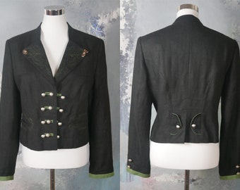 Black Linen Blazer, Austrian Vintage Trachten Triple-Breasted Cropped Jacket: Size 16 US, 20 UK