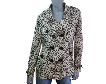 Vintage Leopard Print Jacket, Lightweight Cotton Double-Breasted Cream & Brown 90s Vintage Womenswear, Size Medium, 8 US, 12 UK