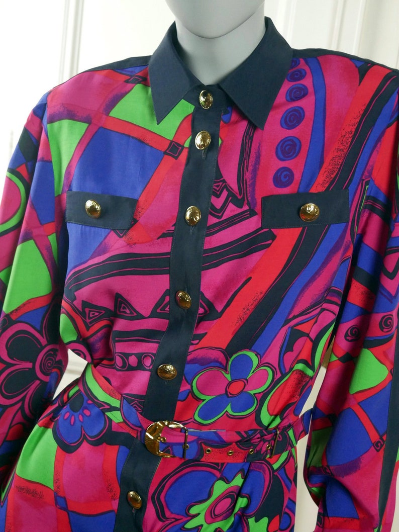 German Vintage Floral Geometric Cerise Pink Red Blue Purple Green Knee-Length Dress w Gold Buttons Size 10 US 90s Abstract Dress 14 UK