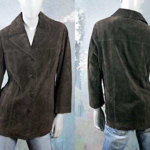 1990s Brown Suede Jacket, Women's European Vintage Retro Genuine Pigsplit Leather Jacket: Size 12 US, 16 UK