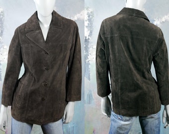 jaren 1990 Brown Suede Jacket, Women's European Vintage Retro Genuine Pigsplit Leather Jacket: maat 12 US, 16 UK