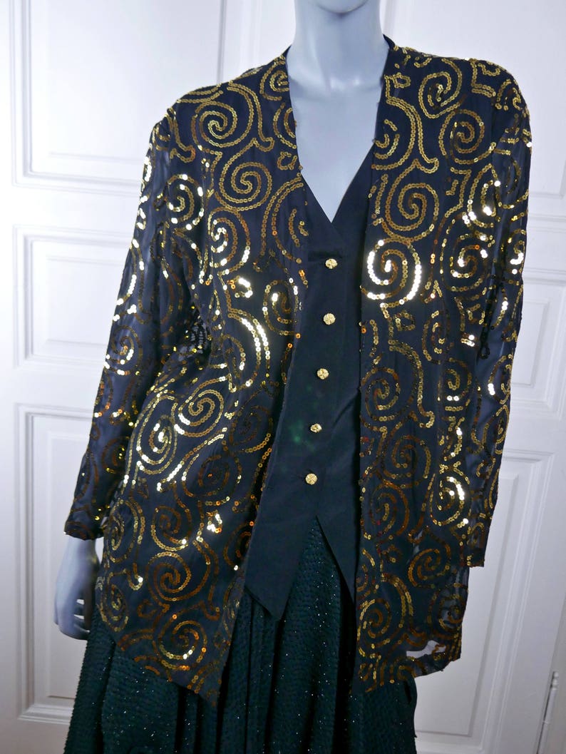 Black Gold Sequin 1980s Cocktail Blouse Formal Party Wear Blazer Top: Size 12 US Size 16 UK European Vintage Elegant Evening Top