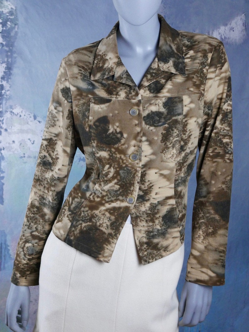 European Vintage Ann Miller Collection Top 12 UK Size 8 US Brown /& Beige Abstract Floral Fitted Blazer Shirt