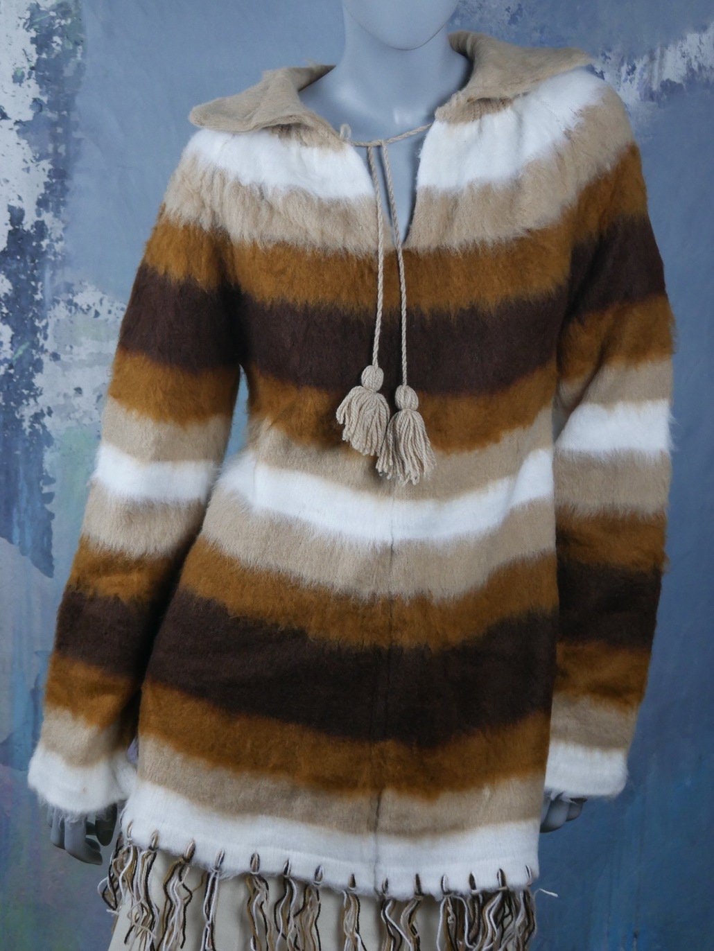 1970s Cropped Blue Mohair, Wool & Gold Metallic Plunge Sweater