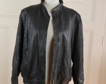 Vintage Leather Jacket, 1990s Black Band Collar Zippered