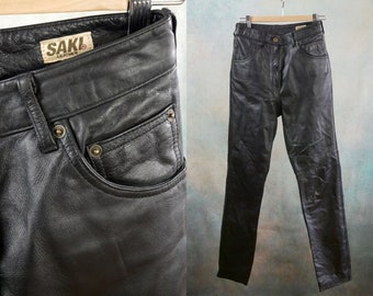 Black Leather Pants, 1990s Vintage Soft Leather Trousers, 90s Clothing Women: 25 inches x 29 inches