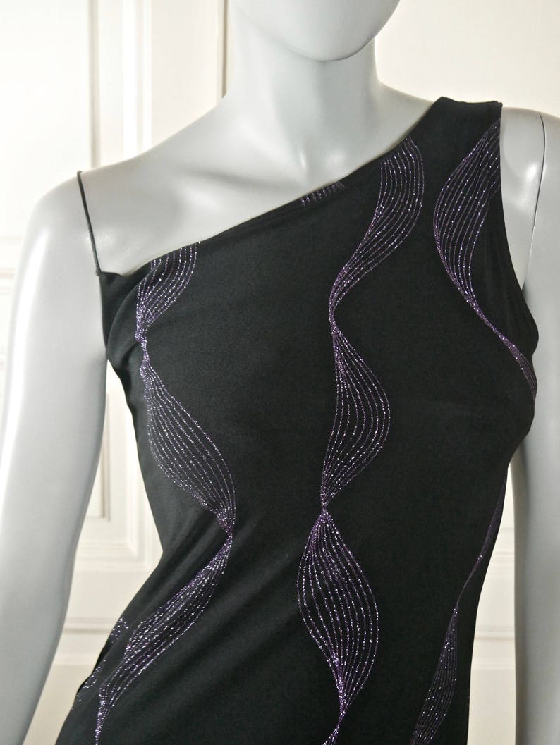 Black Purple Glittering Elegant Long Sleeveless Formal Dress Star Party Dress: 6 US 10 UK French Vintage One Shoulder Evening Dress
