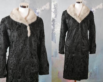 Black Fur Coat with Silver Mink Collar, Medium Size 8 to US USA, European Vintage Broadtail Karakul Lamb