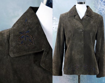Veste en daim pour femmes, veste européenne en cuir de daim olive brun vintage avec perles brodées en bronze et bleu : Taille 14 États-Unis, 18 Royaume-Uni