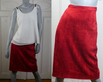 Red Corduroy Skirt, 90s European Vintage Womenswear, Size 10 US, 14 UK, Waist = 30 inches (76.2cm), Hips = 39 inches (99.06cm)