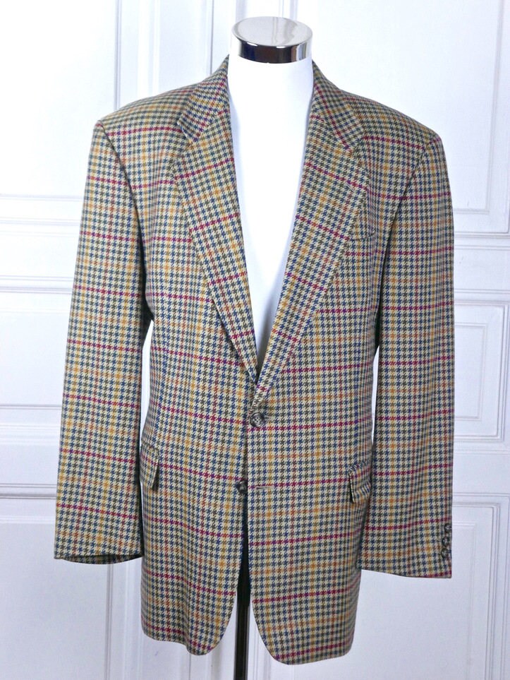 German Vintage Wool Blazer, Gun Club Check Blue Burgundy