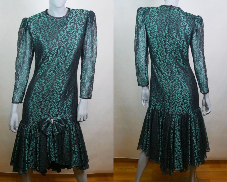 Green Lace Dress, 90s Vintage Longsleeve Classy Midi With Dropped