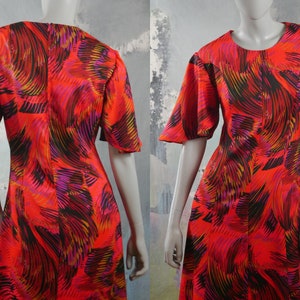 1960s Mod Dress, European Vintage Abstract Pattern Long Dress w Short Flutter Sleeves, Orange Black Red Purple Yellow: Dress 10 US, 14 UK