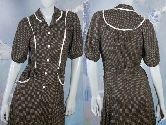 1970s Prairie Dress, Brown & Beige Polka Dot Swed… - image 1