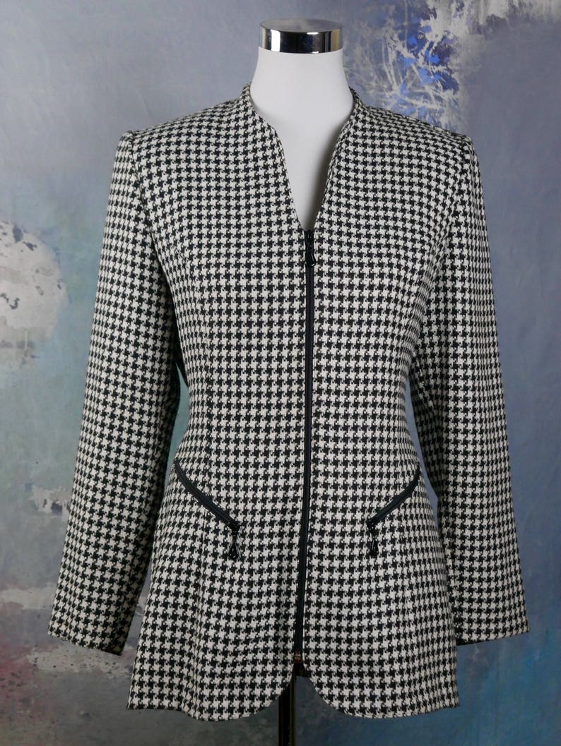 Italian Vintage Blazer Zippered Dogstooth Jacket: Size 68 US Women/'s Black White Houndstooth Jacket 1012 UK