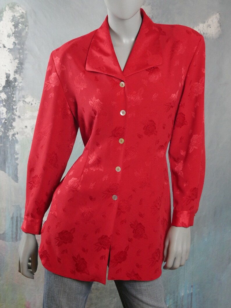 1980s European Vintage Long Tunic-Style Lightweight Blazer Top Red Floral Blouse Size 12 US 16 UK