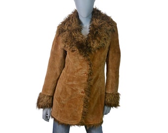 Penny Lane Coat, 90s European Vintage Rust Ruddy Brown Suede Long Jacket with Faux Fur Collar, Size 8 USA, 12 UK