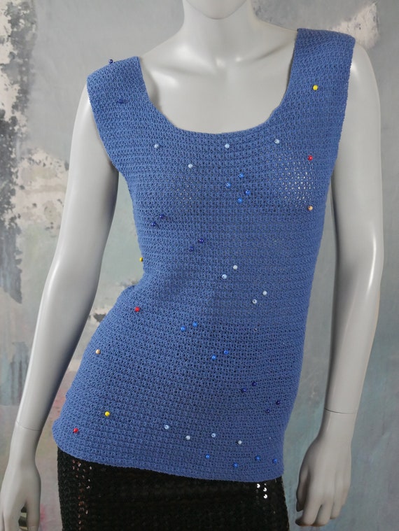 Blue Summer Sweater Vest Sleeveless Beaded 1990s … - image 3