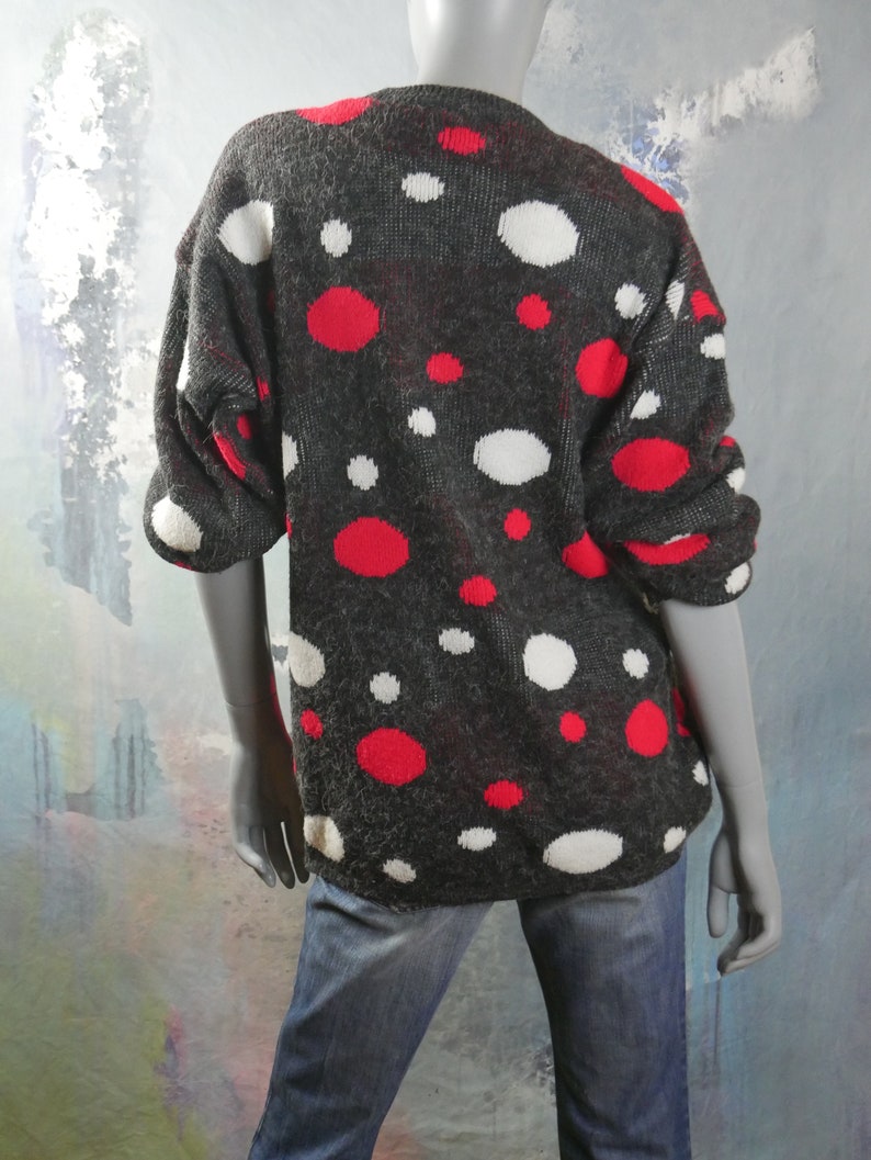 18 UK Polka Dot Sweater Size 14 US 1980s British Vintage Charcoal Gray Red and White Soft Warm Winter Pullover Jumper