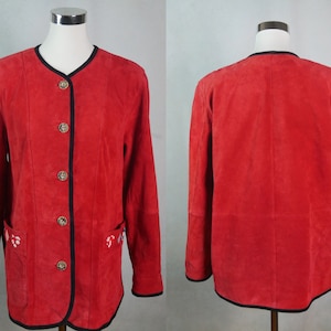 Red Suede Jacket, 90s Vintage Leather Trachten Style with Faux Antler Buttons, Size Large (12 to 14 USA, 16 to 18 UK)