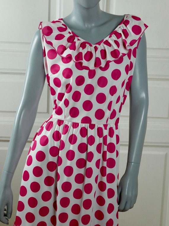 1970s Sleeveless Polka Dot Dress, White Ruffle Po… - image 2