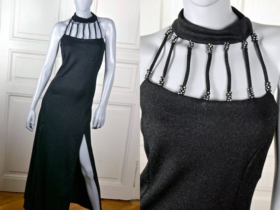 European Vintage Evening Dress, Black Silver Slee… - image 1