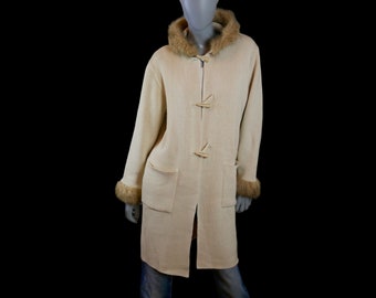 Long Knit Coat, Cream Wool 1980s Vintage Hooded Parka Duffle Style with Faux Fox Fur Trim, Size 12 USA, 16 UK