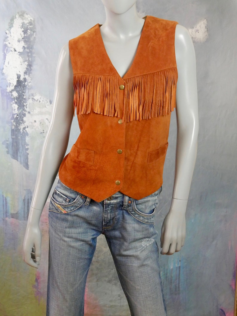 Size 12 US Butternut Squash Ruddy Brown Suede Western Cowgirl Waistcoat Leather Fringe Vest 16 UK