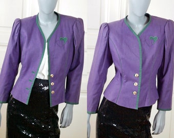 Purple & Green Linen Blend Cropped Jacket, Victorian Style Short Blazer w Puff Sleeves and Back Corset Tie: Size 10 US, 14 UK