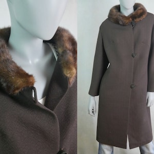 Mink Collar Coat, Brown 1960s Vintage Swing Coat