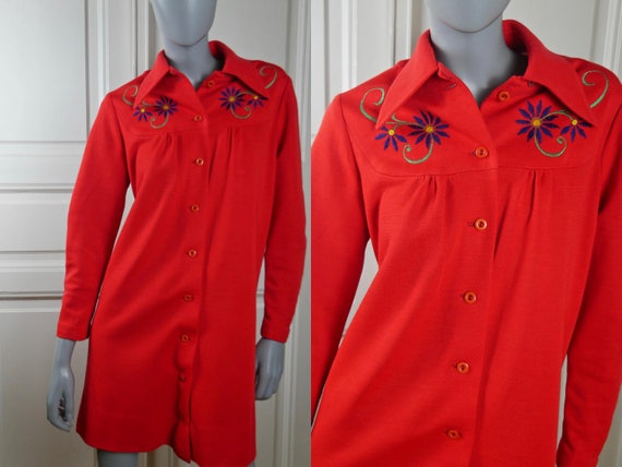 1970s Red Dress, German Vintage Shirt Dress, Red … - image 1
