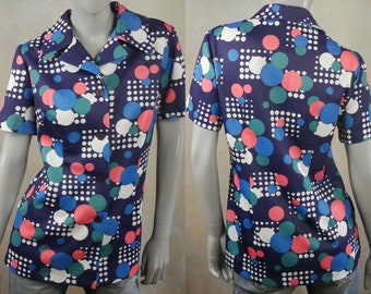 70s Polka Dot Blouse, Vintage Blue Pink White and Teal Green Top, Size 12 US, 16 UK