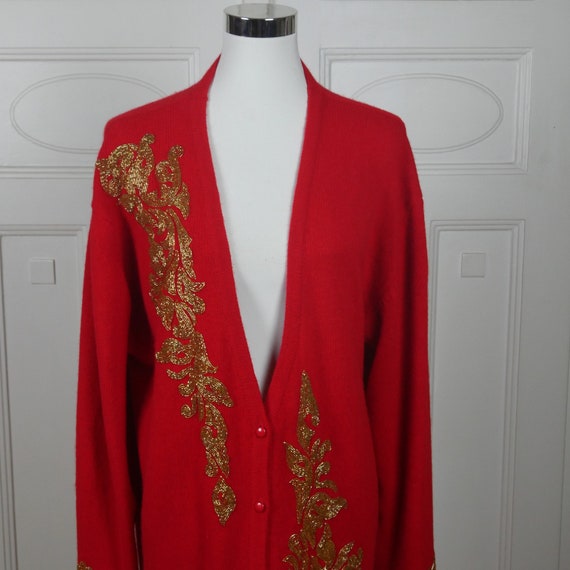 Gold Beaded Red Knit Cardigan, 1990s Italian Vint… - image 3