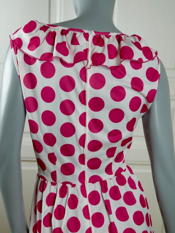 1970s Sleeveless Polka Dot Dress, White Ruffle Po… - image 9