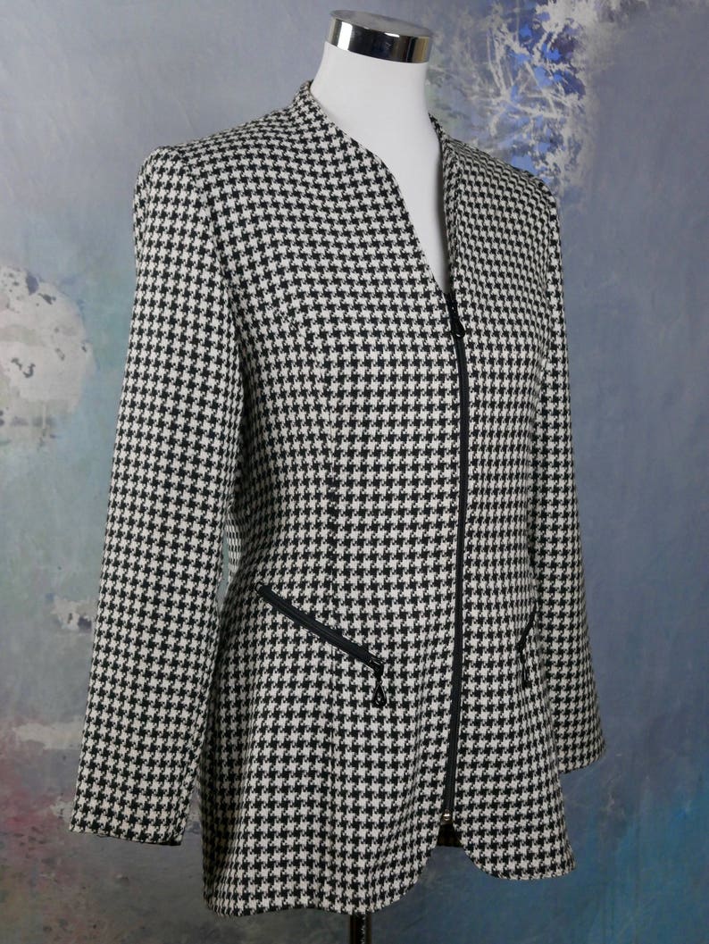 Italian Vintage Blazer Zippered Dogstooth Jacket: Size 68 US Women/'s Black White Houndstooth Jacket 1012 UK