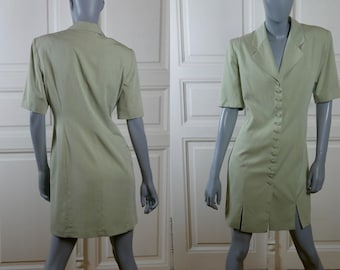 1990s Pale Green Dress, German Vintage Mint Colored Summer Tunic Shirt Dress: Size 10 US, 14 UK