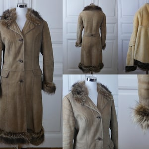 Tan Suede Coat with Fox Fur Trim and Shearling Sheepskin Lining, European Vintage: Size 10 US, 14 UK