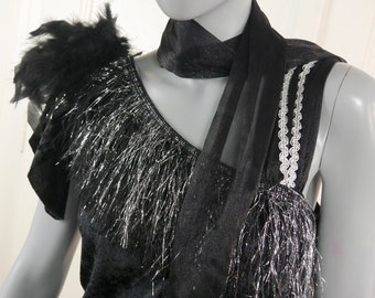 Flapper Dress, European Vintage Black Velvet with Silver Metallic Icicle Fringe and Feathers, Asymmetric Hemline: Size 12 US, 16 UK