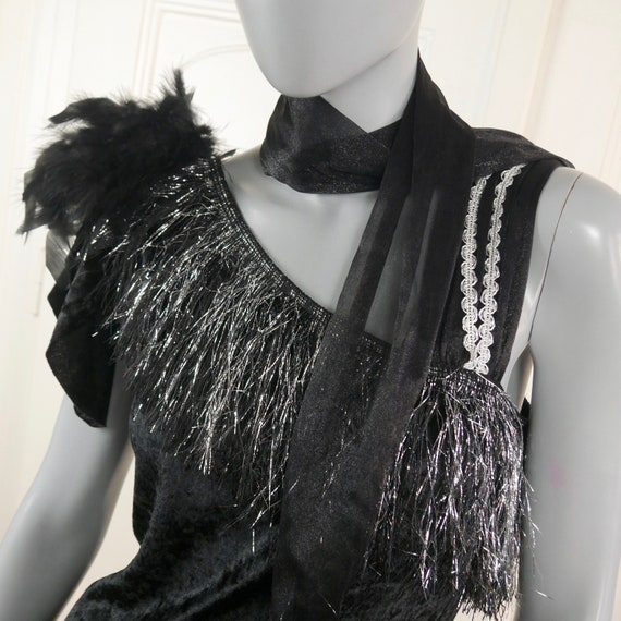 Flapper Dress, European Vintage Black Velvet with… - image 1