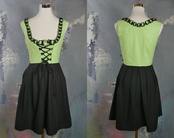 Dirndl Dress, 1990s Austrian Vintage Black & Light Green Cotton Trachten Bavarian Octoberfest Dress: Size 8 US, 12 UK