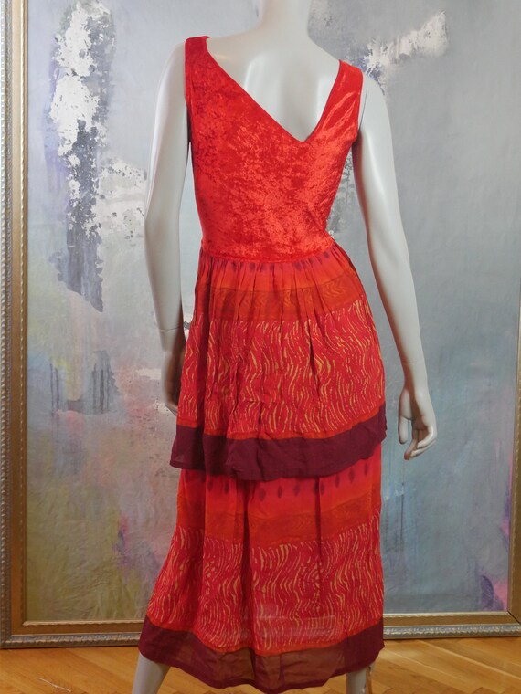 1990s Gypsy Dress, Burnt Orange Velvet Asymmetrical V… Gem