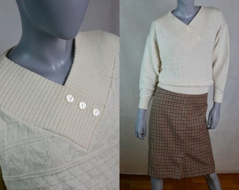 Cream Knit Top, 1990s French Vintage Soft Wool Blend Pullover Blouse: Size 12 US, 14 UK