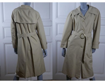 70s Vintage Trench Coat, Khaki Beige w Wide Material Belt with Large Buckle