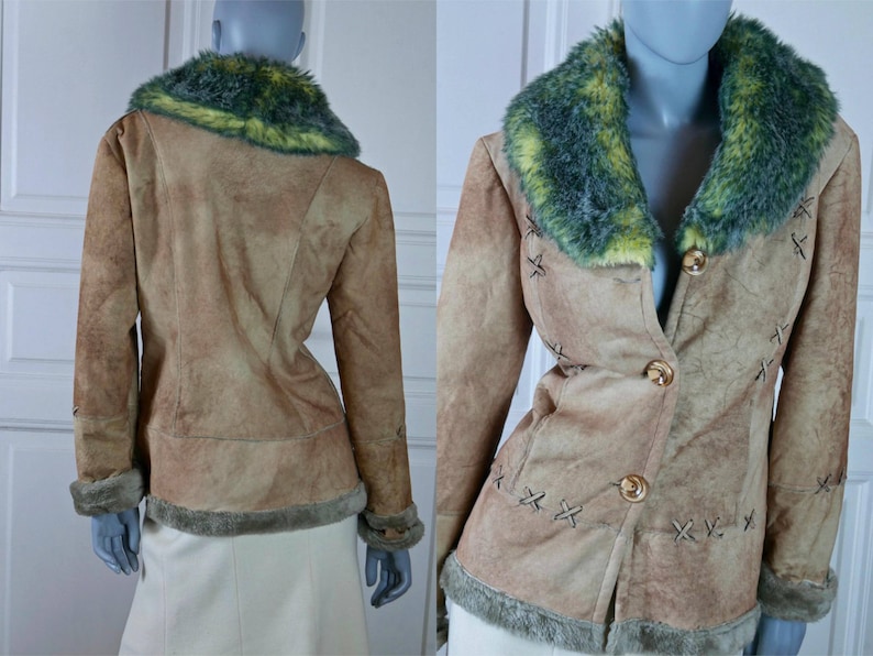 European Vintage Faux Suede Jacket W Fur Collar Tan Fake Leather Coat Blue Yellow Size 6 8 Us 10 12 Uk
