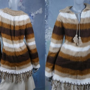 1970s Style Long Mohair Sweater, European Vintage Horizontal Stripe Hippie Sweater w Fringe Hemline: Size 12 US, Size 16 UK
